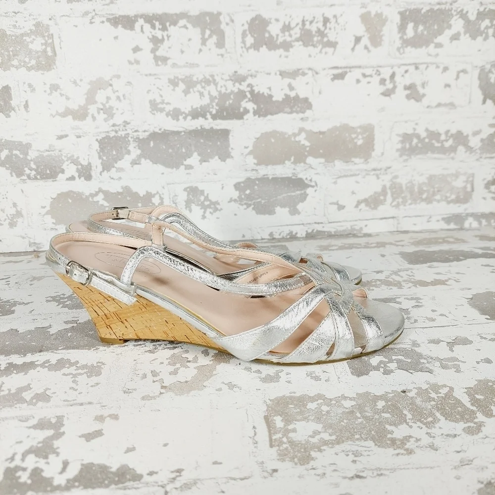 Talbots Women's Silver Genuine Leather Platform Strap Wedge Sandals V327